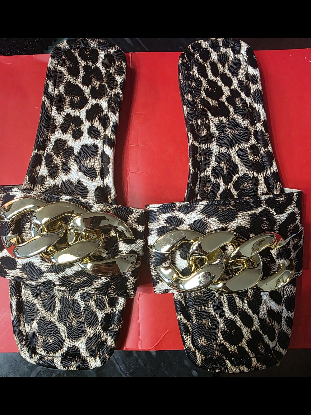 Leopard Print Slide Sandals with Gold Chain Accent